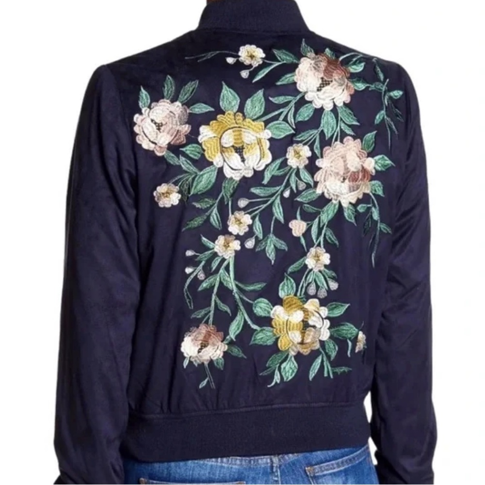 Bagatelle Floral Embroidered Faux‎ Suede Bomber Jacket in Navy, Size L